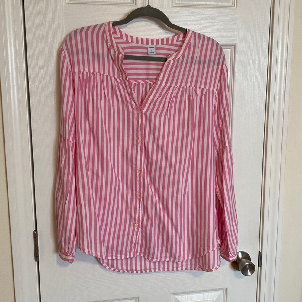 Pink and white striped top. Size L.